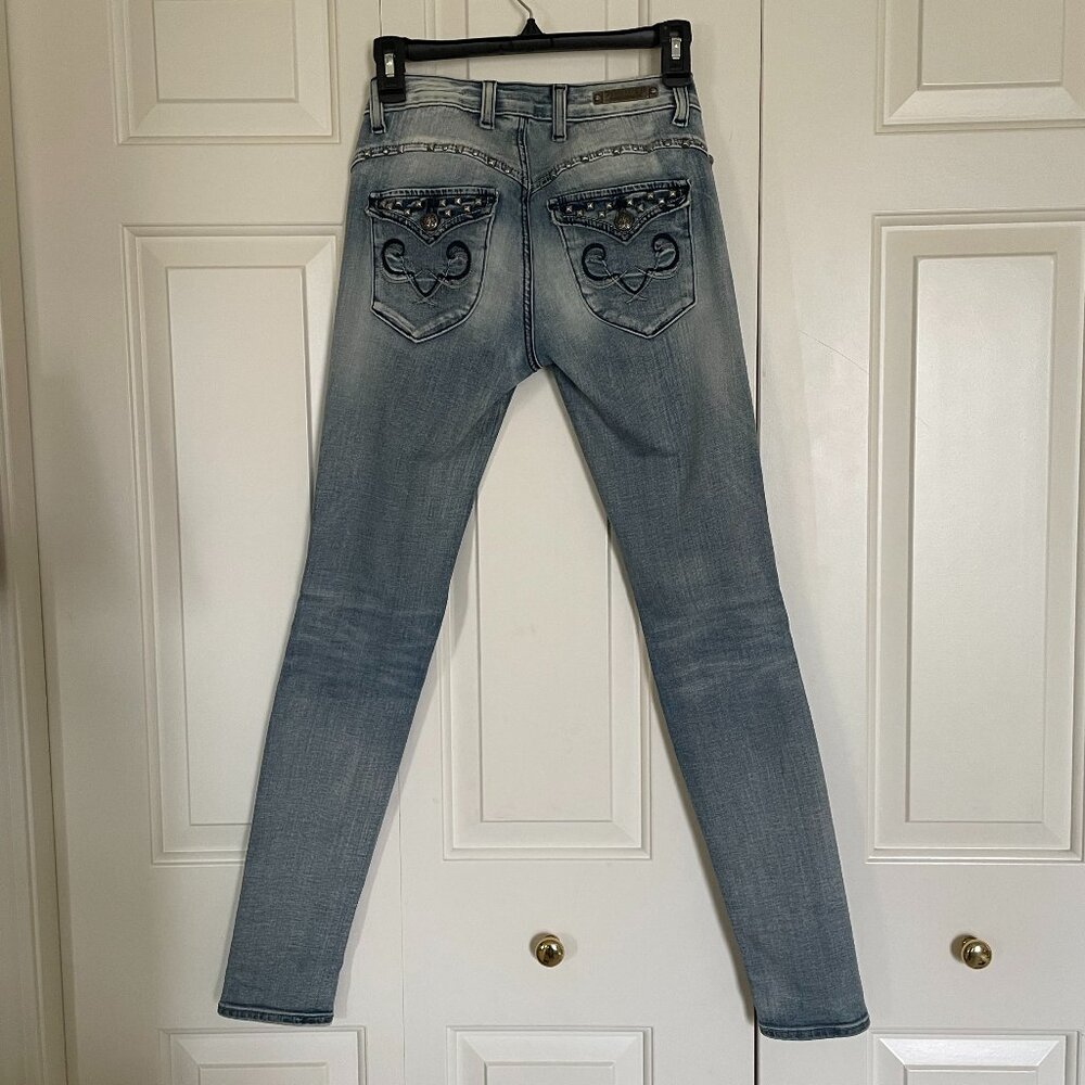 Express Low Rise Skinny Jean in Light Wash with Embroidered and Studded Pockets